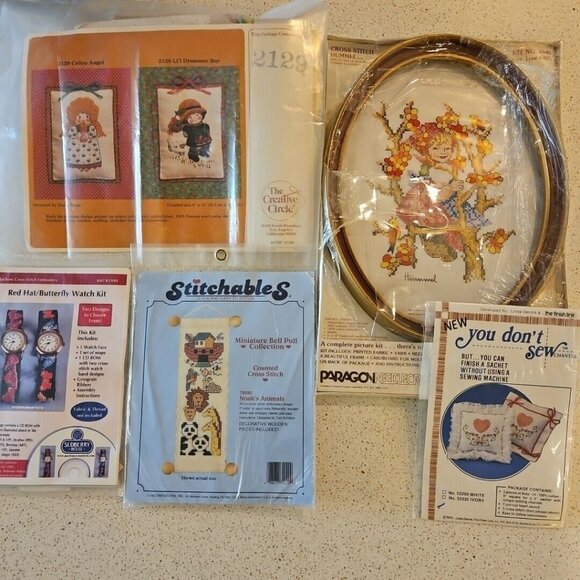 Cross Stitch Kit Lot 5 Noahs Ark Crewel Angel Hummel Girl Apple Tree Watch Strap - Picture 15 of 15